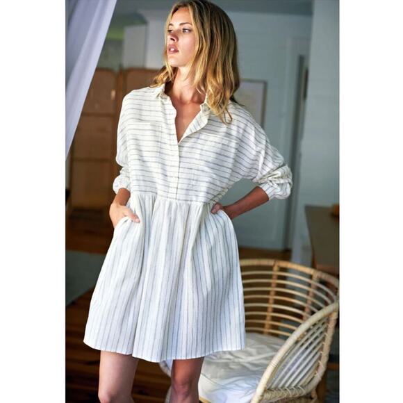 Emerson Fry Selma Long Sleeve Dress In Ivory Hemp Stripe Organic Size Medium - Picture 7 of 16